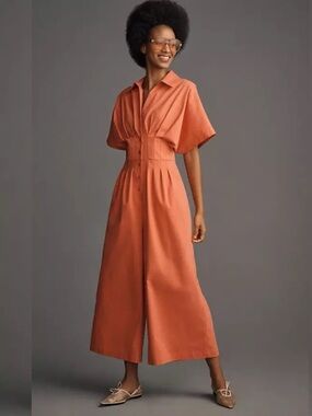Anthropologie Exquise Danna Jumpsuit Red Pleated Wide Leg Large Petite